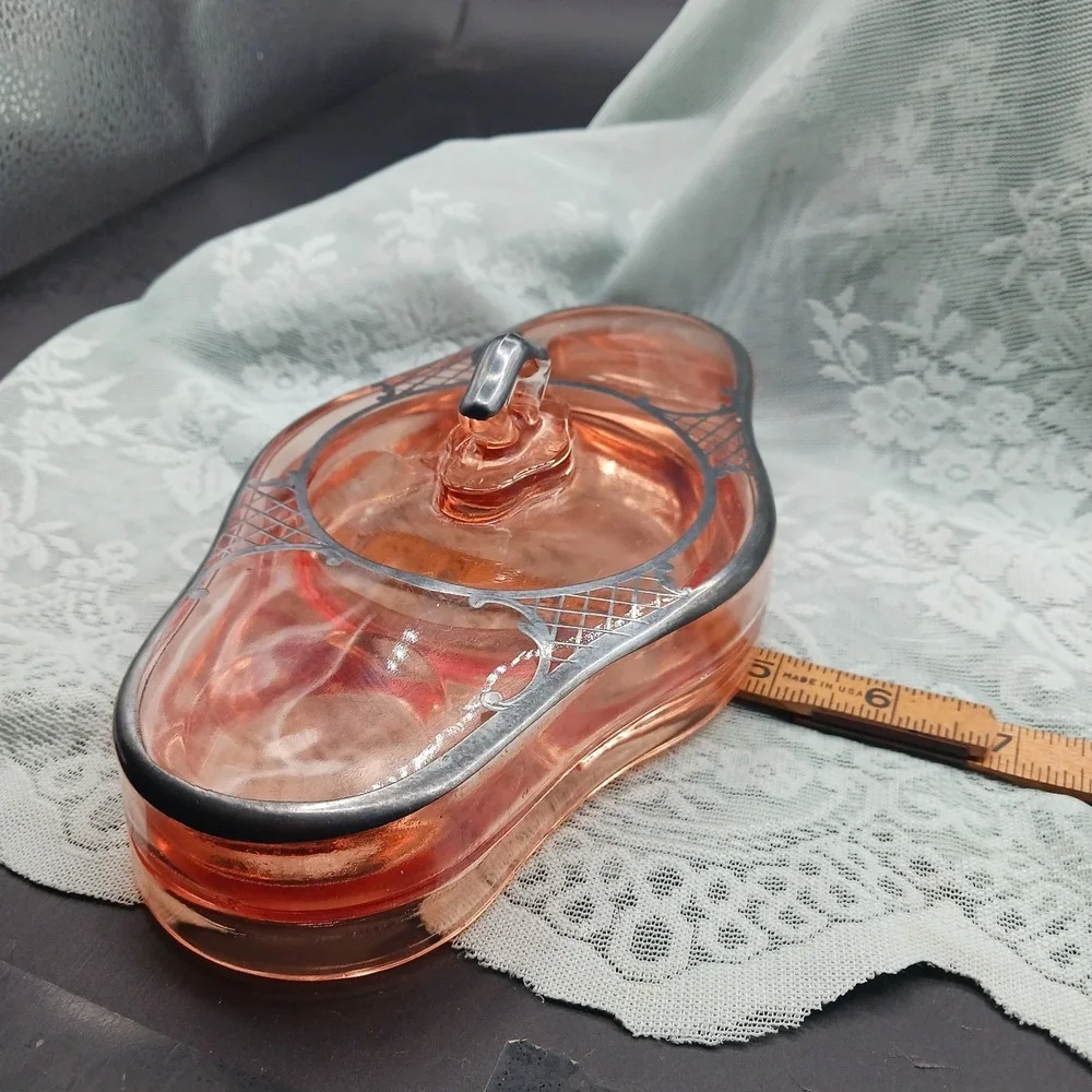 Cambridge Pink Depression Glass Vanity Holder Dresser Compact Silver Overlay lid